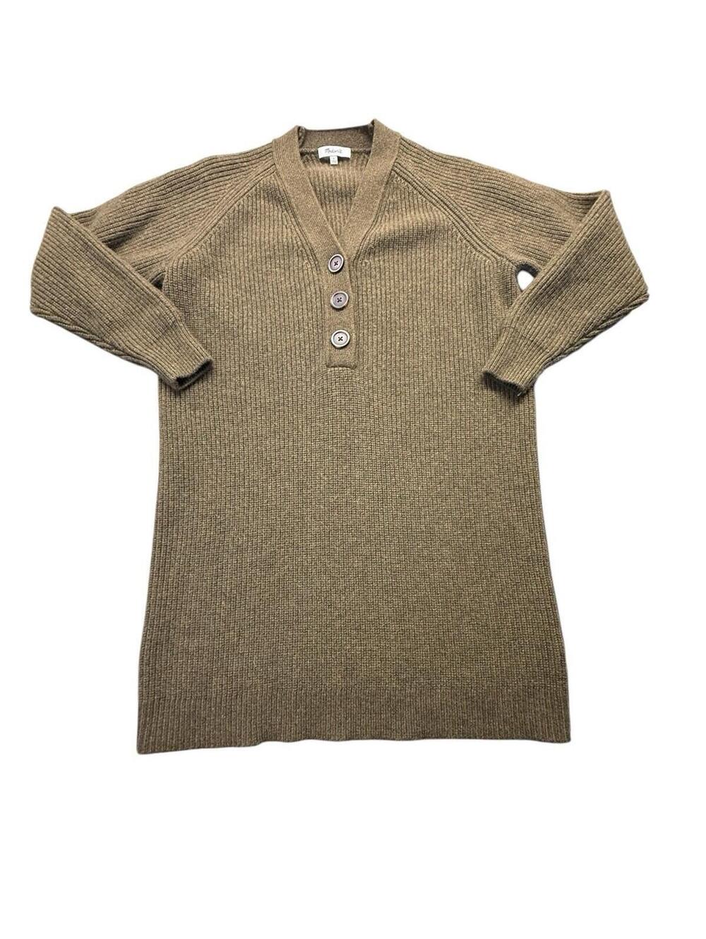 Madwell Sweater Dress Womens Sz Small Olive Green Merino Blend Henley